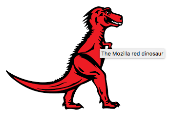 Screenshot von einem roten Tyrannosaurus Rex mit dem Text "Der Mozilla rote Dinosaurier", angezeigt als Tooltip bei Mouseover.