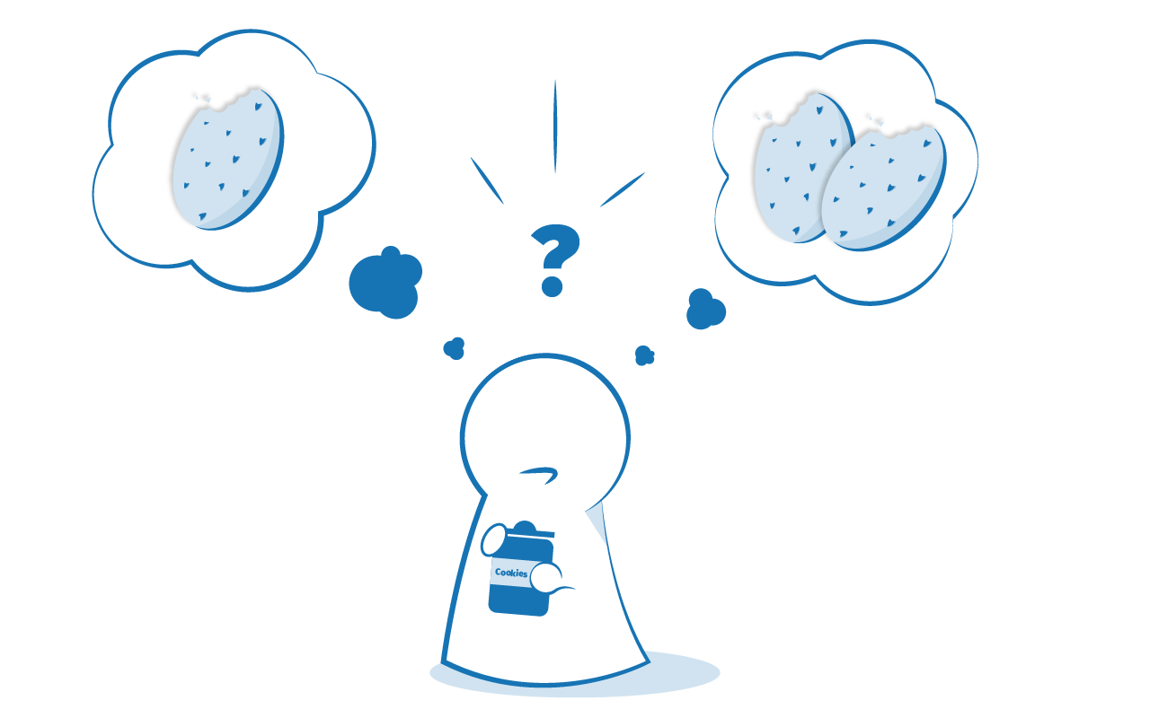 Eine Cartoonfigur, die eine Keksdose hält, die mit 'Cookies' beschriftet ist. Ein Fragezeichen schwebt über dem Kopf der Figur. Es gibt zwei Sprechblasen. Die linke Sprechblase hat einen Keks. Die rechte Sprechblase hat zwei Kekse. Zusammen impliziert dies, dass die Figur versucht zu entscheiden, ob sie einen Keks oder zwei Kekse möchte.