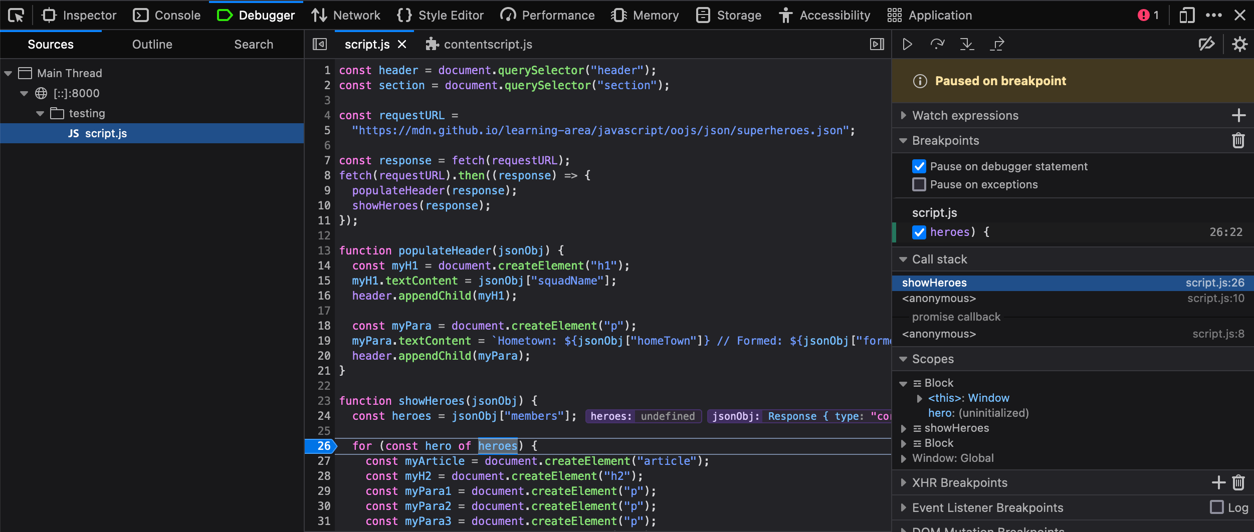 Firefox-Debugger mit einem Haltepunkt