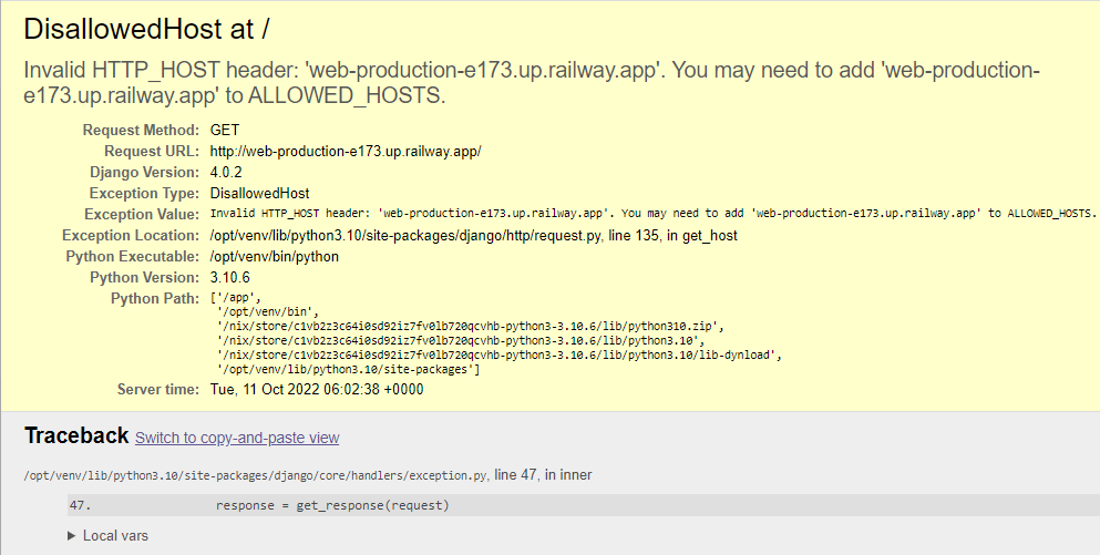 Eine detaillierte Fehlerseite zeigt eine vollständige Rückverfolgung eines ungültigen HTTP_HOST-Headers