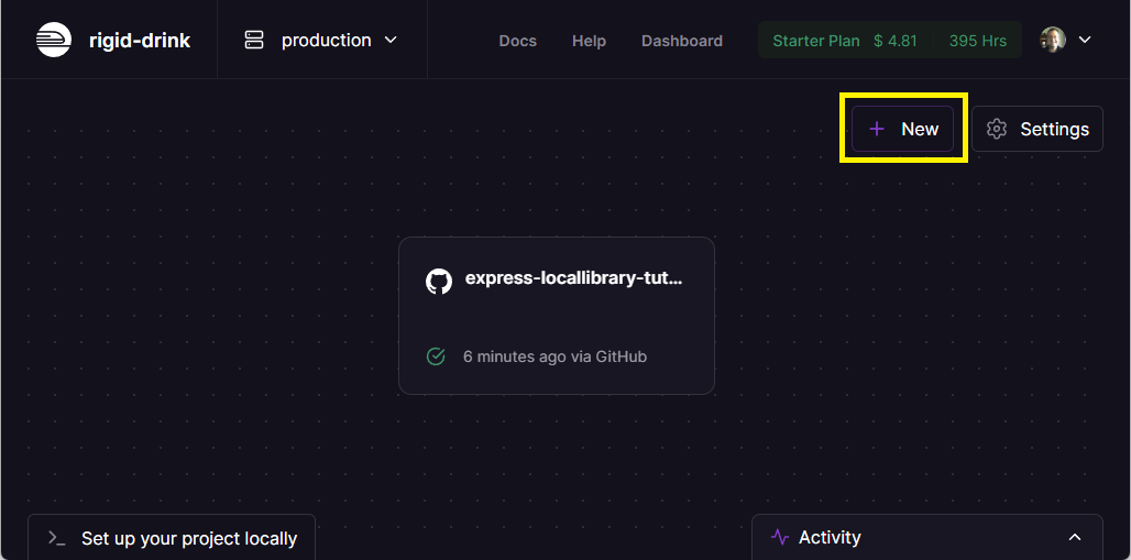 Railway-Projekt mit hervorgehobener neuer Dienst-Schaltfläche ohne Datenbank
