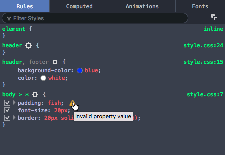 Die Entwicklerwerkzeuge streichen ungültiges CSS durch und fügen ein vollkommen geeignetes Warnsymbol hinzu