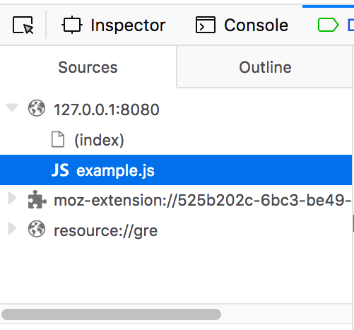 Ausschnitt des Quellenbereichs des Debugger-Tabs in den Entwicklerwerkzeugen des Browsers. Die zur aktuellen Seite gehörenden Dateien, die Sie debuggen, sind unter dem Ordner sichtbar, dessen Name mit der URL der Site im derzeit geöffneten Browser-Tab übereinstimmt.