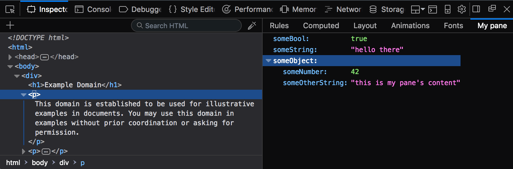 Neues Paneel mit dem Titel "My pane", das ein JSON-Objekt anzeigt
