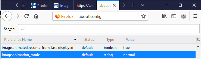 Screenshot von image.animation.mode in Firefox ausgewählt