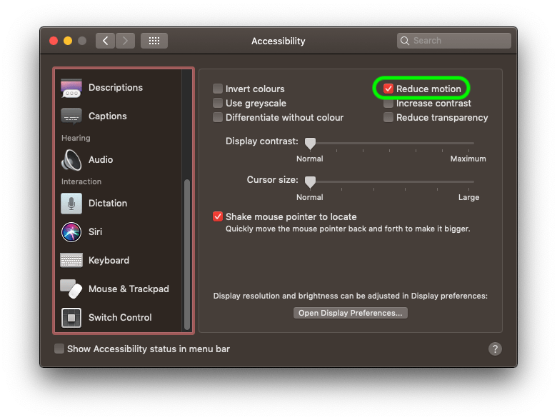 Screenshot, der zeigt, wie man Bewegung auf einem MAC OS reduziert