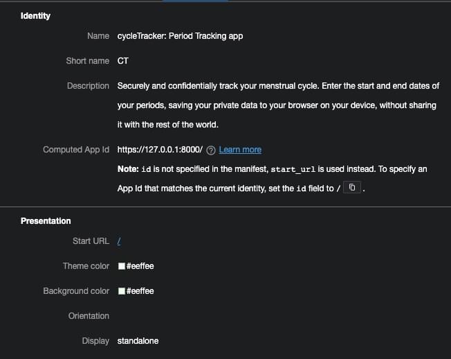 Die Identitäts- und Präsentations-Manifestmitglieder zusammen mit Werten, falls vorhanden.