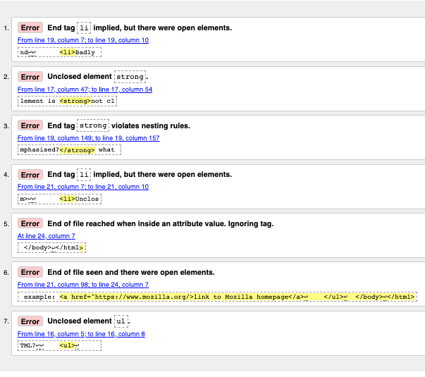 La liste des résultats de la validation de HTML par le service de validation du W3C.