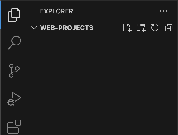 Le panneau Explorer de VS Code, affichant un dossier vide nommé projets-web