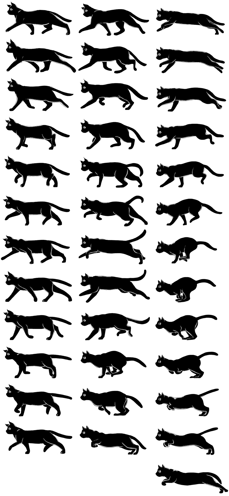 Ein Sprite-Sheet mit drei Spalten, jede Spalte enthält eine Sequenz von Bildern einer schwarzen Katze, die sich in unterschiedlichem Tempo nach links bewegt. Jedes Sprite ist 300 Pixel breit und 150 Pixel hoch.